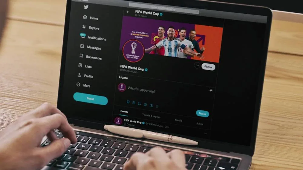 FIFA World Cup social channel on a laptop, from Alex Bowen's work with FIFA in Qatar 2022
