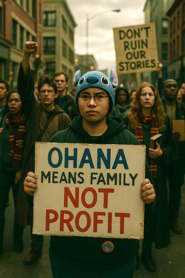 Protester holding a sign reading "Ohana means family, not profit", with a "Don't ruin our stories" placard behind