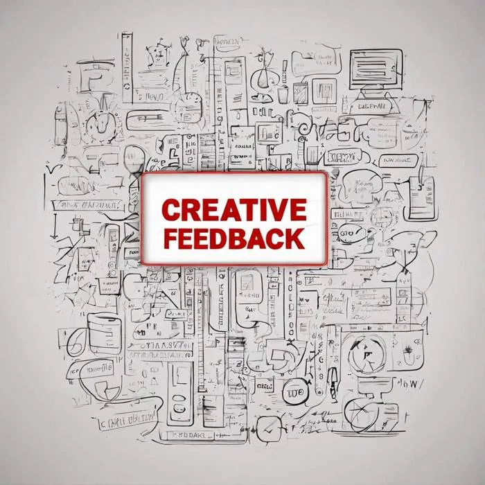 Sketch drawing with a red Creative Feedback sign in the middle